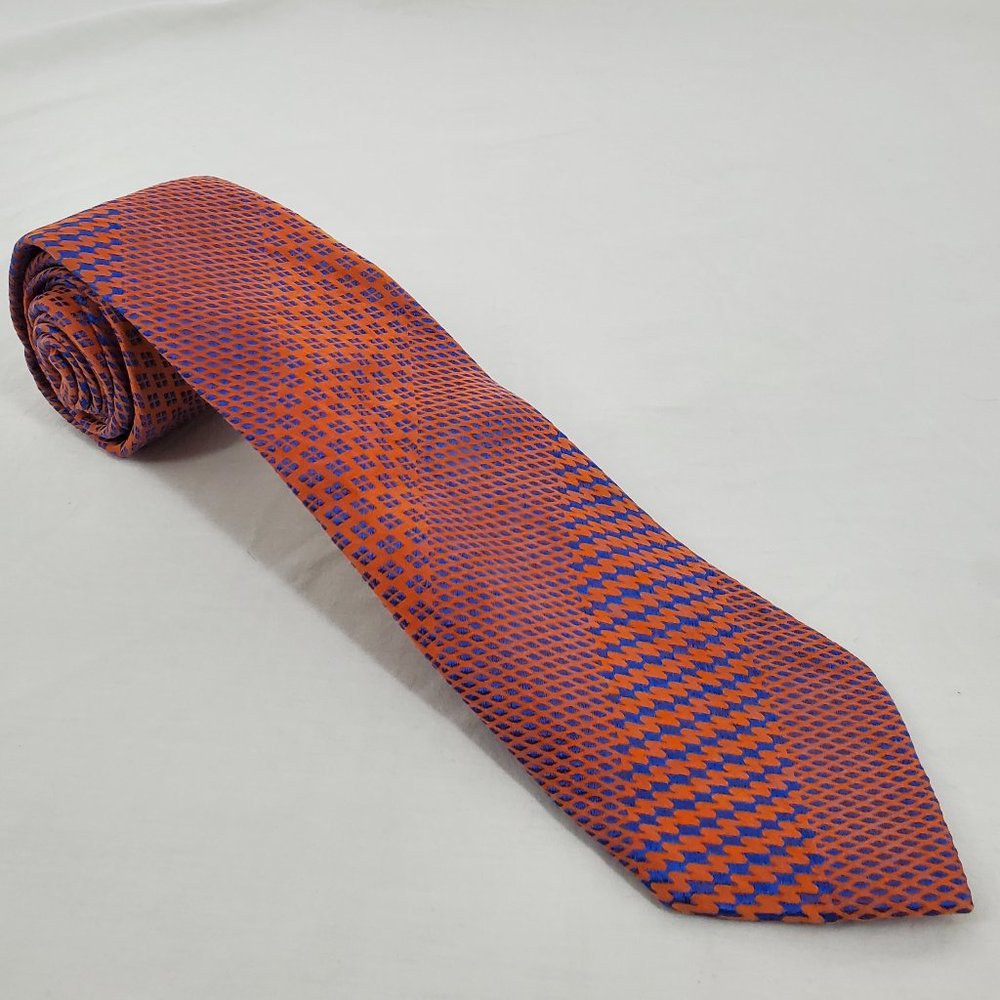 SETAZONE Silk Necktie Orange Blue Diamond Check Houndstooth Diagonal Stripe